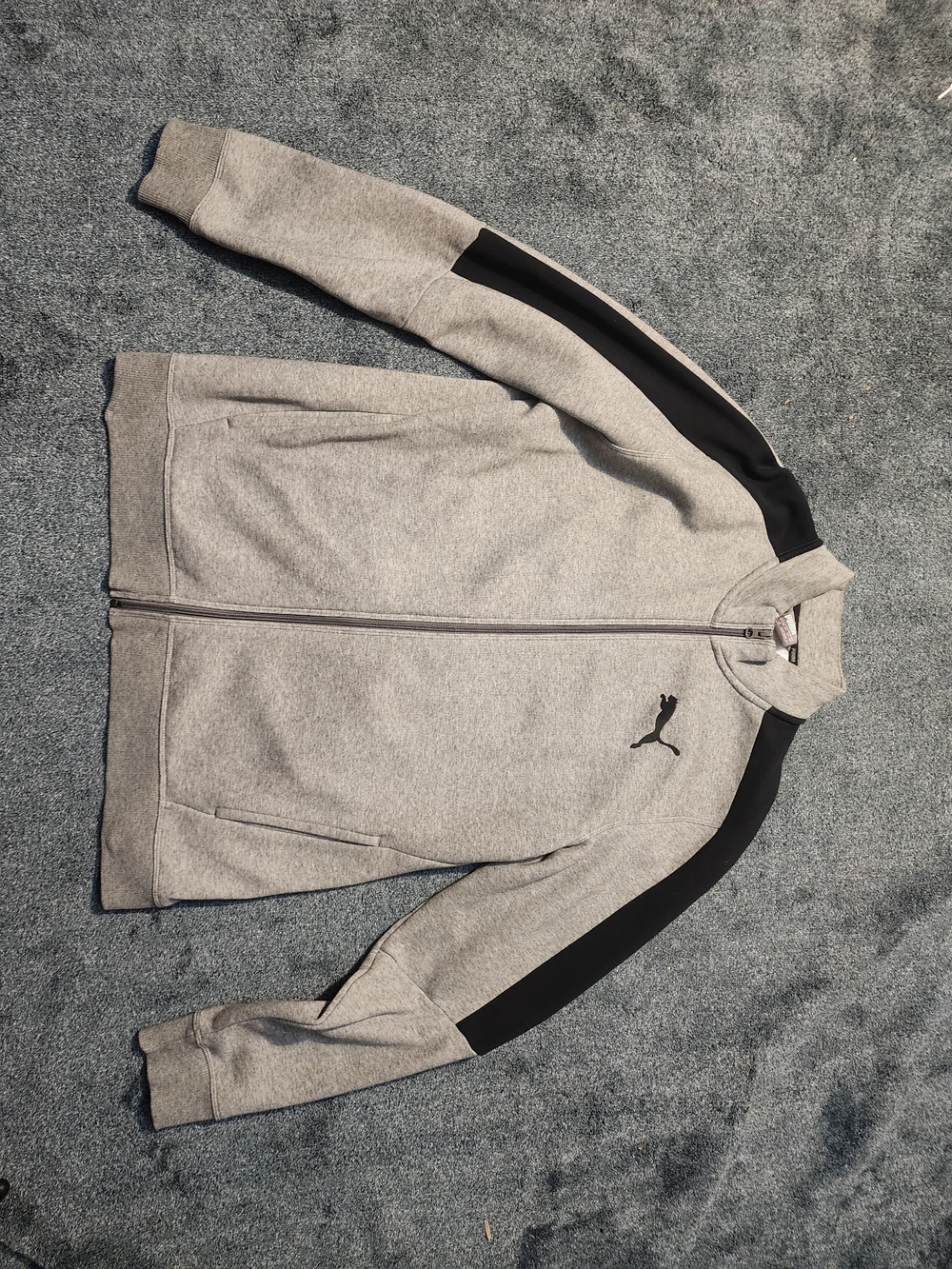 Puma Men's Light Gray Full-Zip Jacket with Black Shoulder Stripes